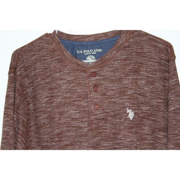 US Polo Assn Shirt Long Sleeve Henley Heathered Rusty Brown Cotton Mens L - Picture 3 of 7